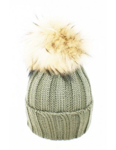 Berretto in 100% lana merino a coste con risvolto con pon pon murmasky naturale 10X10 colore verde militare