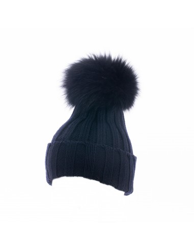 Cappello lana con strass e perle, pon pon in volpe naturale