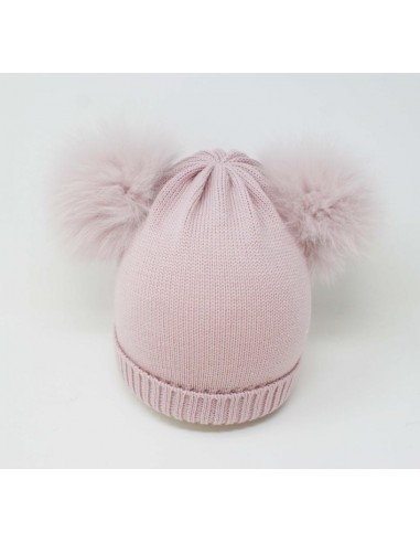 Berretto in 100% lana merino con risvolto e due pon pon volpe finlandese colore rosa intenso