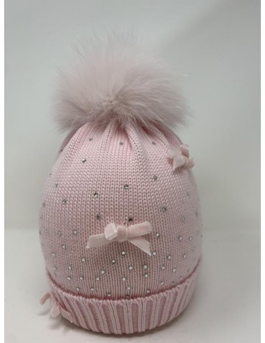 Modello con risvolto 100% lana merino con strass e fiocchetti con pon pon volpe colore rosa chiaro