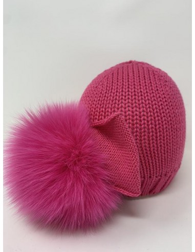 copy of Hat in merino wool realized with whool bow and real fox pon pon attached on the side colour pink