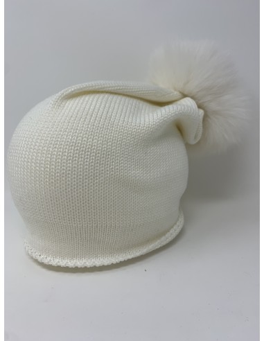 Calotta lunga calata dietro 100% lana con pon pon volpe 11x11 colore bianco