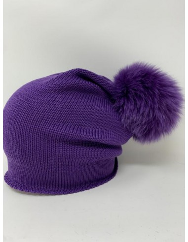Calotta lunga calata dietro 100% lana con pon pon volpe 11x11 colore viola