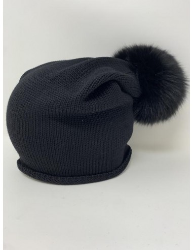 Calotta lunga calata dietro 100% lana con pon pon volpe 11x11 colore nero