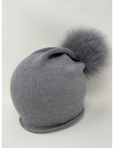 Calotta lunga calata dietro 100% lana con pon pon volpe 11x11 colore grigio