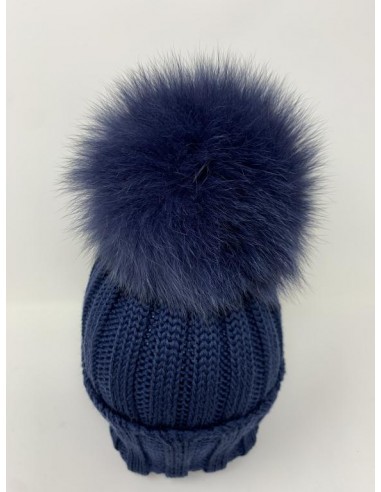 Cuffia costa 3x2 100% lana con pon pon volpe finlandese 11x11 colore blu notte