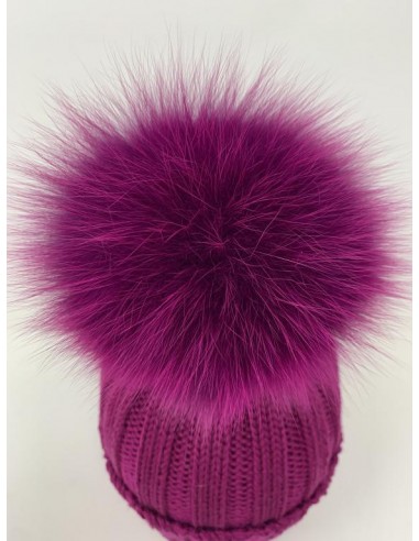 Cuffia costa 3x2 100% lana con pon pon volpe finlandese 11x11 colore melanzana
