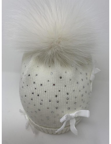 Calotta con risvolto 100% lana con brillantini e fiocchetti velluto con pon pon volpe 7x7 colore bianco