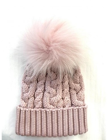 Cappello 100% lana a trecce con pon pon volpe colore rosa