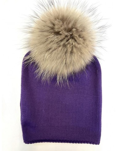 Modello 100% lana calato dietro con pon pon murmasky naturale colore viola