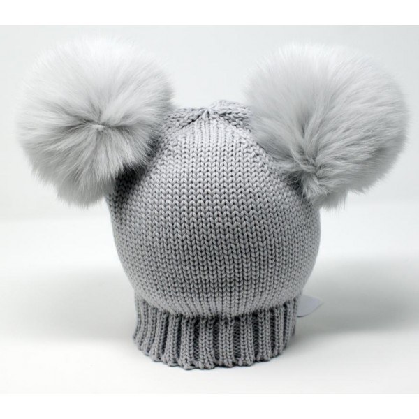 Calotta rasata 100% lana merino con 2 pon pon volpe finlandese in tinta 10X10 colore grigio perla