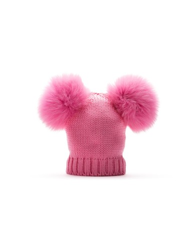 Modello 100% lana con due pon pon grandi colore rosa