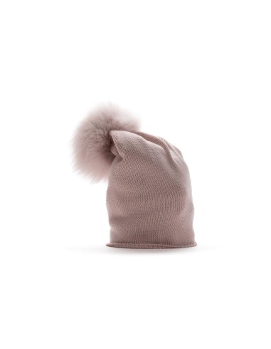 Modello 100% lana calato dietro con pon pon volpe rosa antico