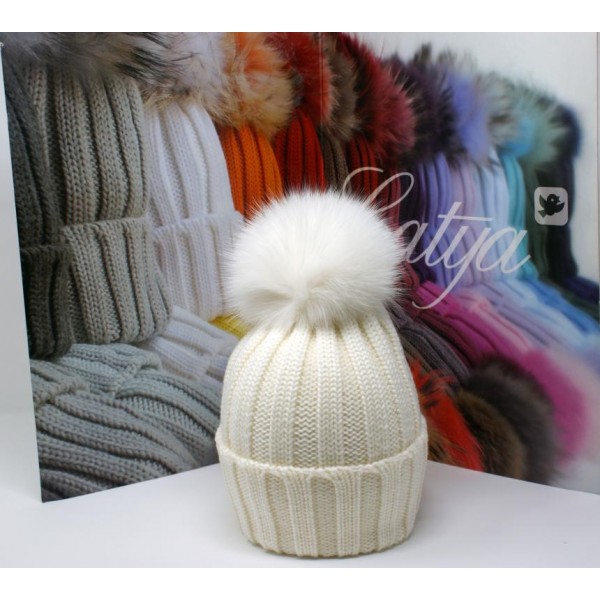 Berretto a coste 100% lana merino con pon pon volpe finlandese colore bianco lana
