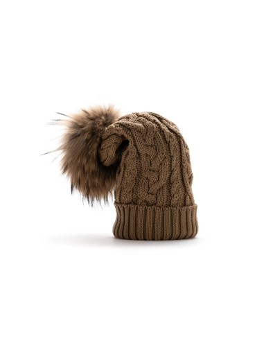 Modello 100% lana a trecce con risvolto e pon pon murmasky naturale colore cammello