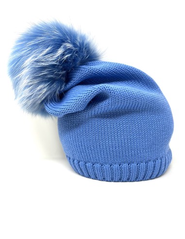 Modello 100% lana calato dietro con pon pon murmasky albino colore azzurro
