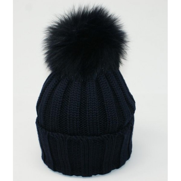Hat realized in 100% merino whool made in italy ribbed with real finnish fox fur pon pon color navy blu