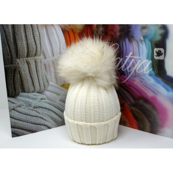 Berretto 100% lana merino a coste con pon pon murmasky tinto finlandese colore bianco lana