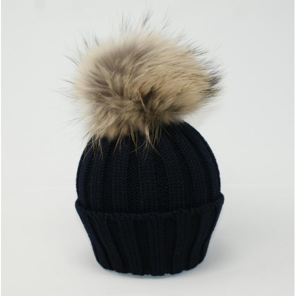 Hat realized in 100% merino whool made in italy ribbed with real fur pon pon color navy blu