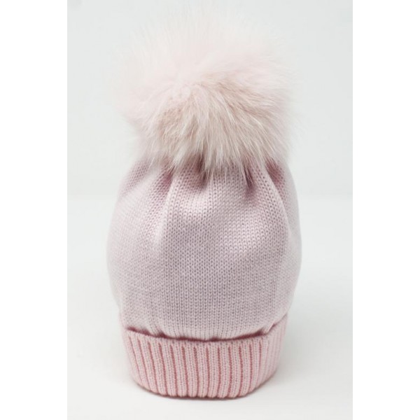 Berretto neonato in 100% lana merino con risvolto e pon pon volpe finlandese colore rosa baby