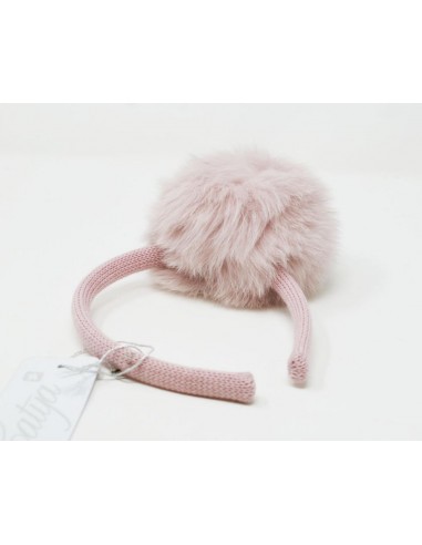 Hairband in 100% merino wool with real fox pon pon color pink