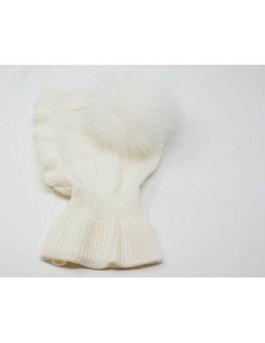 Passamontagna neonato in 100% lana merino con frappa e due pon pon volpe finlandese 7x7 colore bianco