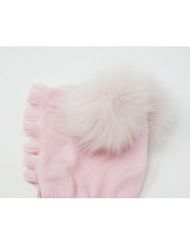 Passamontagna neonato in 100% lana merino con frappa e due pon pon volpe finlandese colore rosa baby